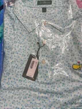 Peter Millar Masters Light Blue Floral Golf Polo with Yellow Logo